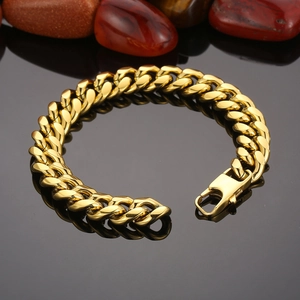 Polished gold plated titanium steel cuban link bracelet for men with mirror reflection