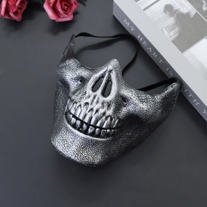 Silver skull tactical mask for Halloween parties with realistic metallic texture and strap