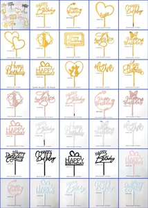 Detailed catalog of colorful acrylic cake toppers with Happy Birthday and heart designs