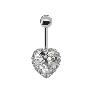 Silver belly button ring featuring a heart-shaped zircon and devil's eye detail