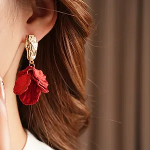Vintage gold hammered stud earrings with dark red petal fringe tassels for women