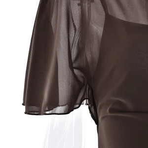 Detailed macro view of brown chiffon shoulder layering and stitching on the elegant dress