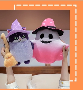 Handheld Halloween plush set featuring a purple wizard cat and a pink ghost with star details