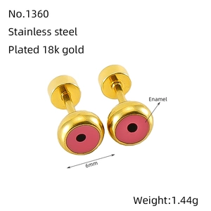 Detailed view of 6mm gold-plated stainless steel stud earrings with pink enamel eye design