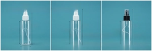 Detail showing 100ml and 120ml transparent PET spray bottles with precise dimensions