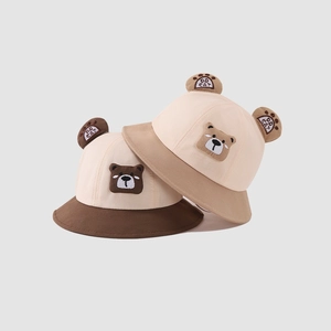 Cute baby bear fisherman hat with 3D ears and cartoon embroidery for kids sun protection