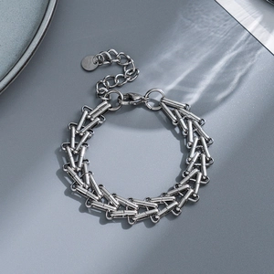 Minimalist silver stainless steel woven tube link bracelet with lobster clasp and chain