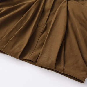 Brown khaki twill cotton cargo mini skirt featuring pleated design and double stitching