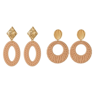 Bohemian woven texture hollow earrings in gold and beige set against white background