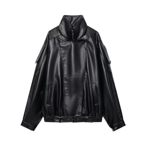 Women Faux Leather Biker Jacket Short PU Moto Coat With Belt And Stand Collar Casual Streetwear Black