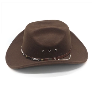 Detail of dark brown wool cowboy hat featuring leather band and bronze rivets