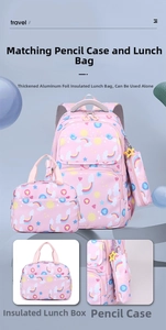 Detail view of pink school backpack set including lunch bag and pencil case with rainbow patterns