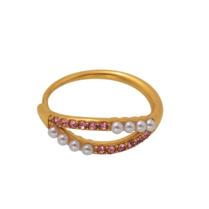 Anello regolabile dorato con zircone rosa e perla bianca dallo stile geometrico chic