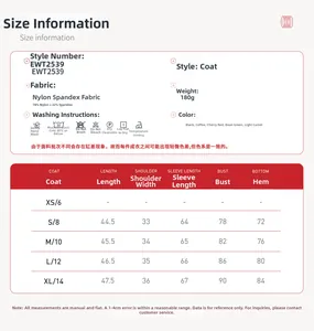 Size chart for women's athletic zip jacket detailing nylon and spandex blend fabric