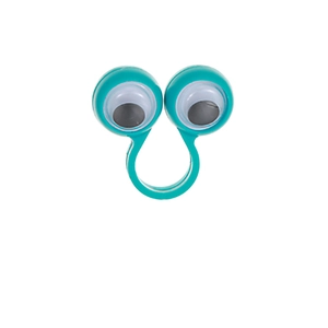 Detail of googly eye ring in green plastic with movable white and black pupils