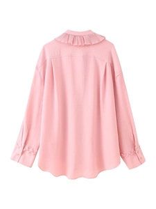 Flat lay back view of pink long sleeve chiffon blouse with pleated collar and woven cuffs