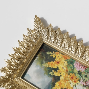 Golden resin photo frame with leaf carving design for home tabletop decoration