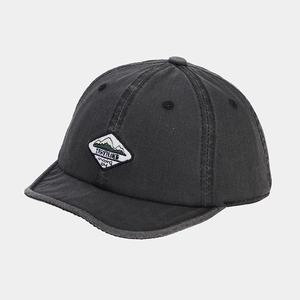 Close-up of black washed cotton baseball cap featuring vintage short brim and mountain embroidery