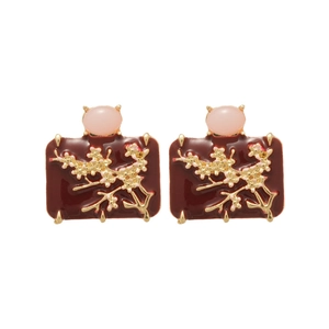 Elegant Chinese style plum blossom rectangle stud earrings with red enamel and pink stones