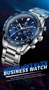 Detail of blue sunray chronograph dial with tachymeter scale and stainless steel band