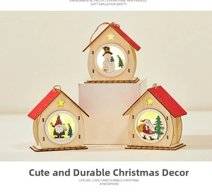 Three wooden LED Christmas house ornaments with Santa and snowman patterns for tree decor