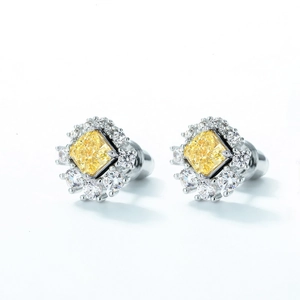 Luxurious S925 silver stud earrings featuring square yellow ice cut gems and white halo