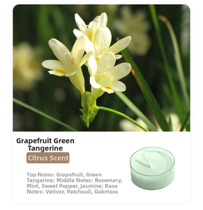 Detail of Pomelo & Green Tangerine scented tea light candle with fragrance notes description