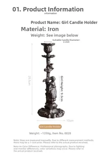 Detail of vintage cast iron girl candlestick showing rustic texture and 25.5cm height