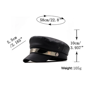 Detail of PU leather military cap with golden metal band and engraved M letter decoration