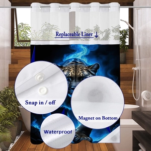Detail of waterproof blue leopard waffle shower curtain with snap-in liner and bottom magnets