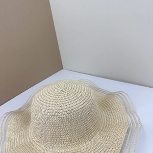 Detailed weave of a beige wide-brim straw hat with elegant sheer mesh stripe accents
