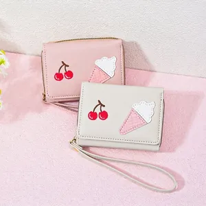 Women Short Wallet PU Leather Cute Cherry Ice Cream Embroidery Foldable Card Holder Zipper Coin Purse With Wrist Strap
