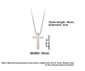 Detailed size specifications for a minimalist silver cross pendant and adjustable chain