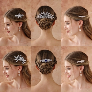 Dettaglio di pettini e orecchini da sposa in zirconia con pietra preziosa blu scuro