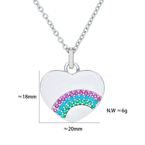 Detail view of silver heart pendant with rainbow gemstones and product dimensions