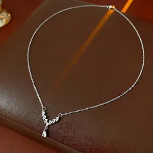 Elegant V-Shape Teardrop Pendant Necklace Shiny Zircon Inlaid Copper For Women Silver Color Fashion Jewelry