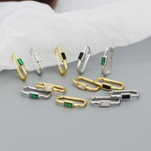 U-shaped S925 silver hoop earrings with colorful rectangular zircons in gold and silver