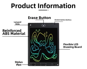 Detail view of 12-inch LCD writing tablet with colorful octopus drawing and function labels