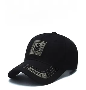 Detail of black military style baseball cap with army star embroidery and U.S. ARMY logo