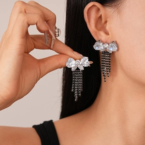 Elegant zircon butterfly drop earrings with long black crystal tassel fringe for women