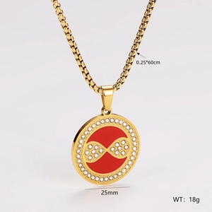 Macro shot of gold stainless steel necklace featuring a 25mm infinity pendant with zircons