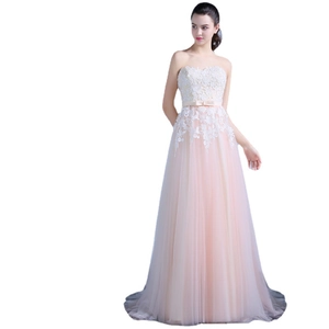 Elegant strapless floor-length evening gown with white lace bodice and pink tulle skirt