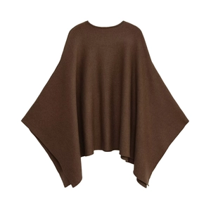 Loose fit dark brown knit poncho cape with round neck and batwing sleeve design
