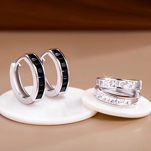 Minimalist Silver Color Copper Hoop Earrings With Square Cubic Zirconia Channel Setting Retro Huggie Earrings For Women