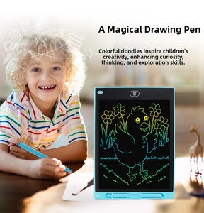 Blue 12-inch LCD writing tablet for kids showing colorful chicken drawing with stylus