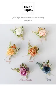 Detail view of vintage artificial rose corsages in six colors with jute-wrapped stems