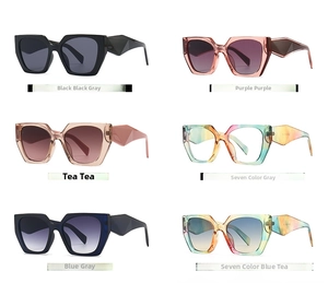 Macro shot of oversized geometric sunglasses in six colors with unique faceted temples