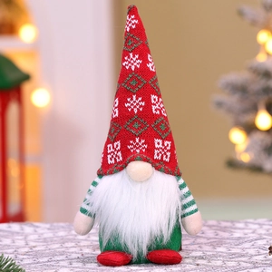 Close-up of a Christmas gnome featuring a red knitted hat and long white beard on a bokeh background