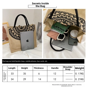 Detailed size chart for retro ethnic linen tote bags showing dimensions and capacity specs