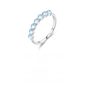 Detailed close-up of S925 sterling silver ring featuring seven round moonstones